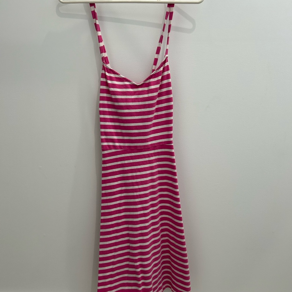 Cute Summer Pink and White Striped Dress, Knee Length, Cross Back